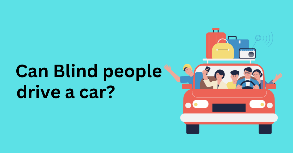 Text appearing as " Can Blind people drive a car? " I a sky blue background.