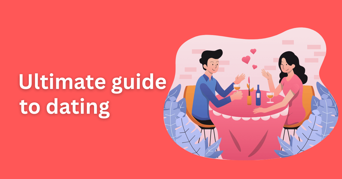 Text appearing as " Ultimate guide to dating " in a red background.