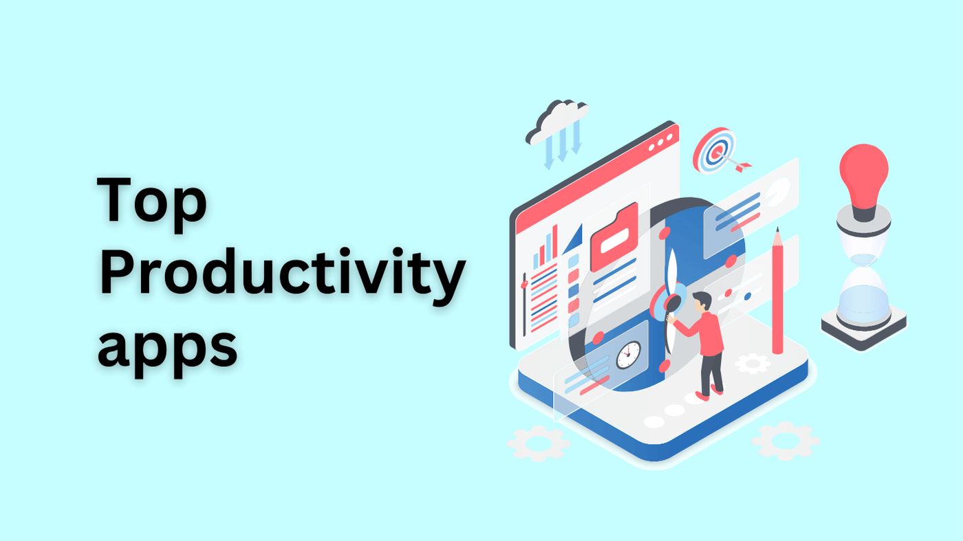 Top productivity apps appearing on a blue background.