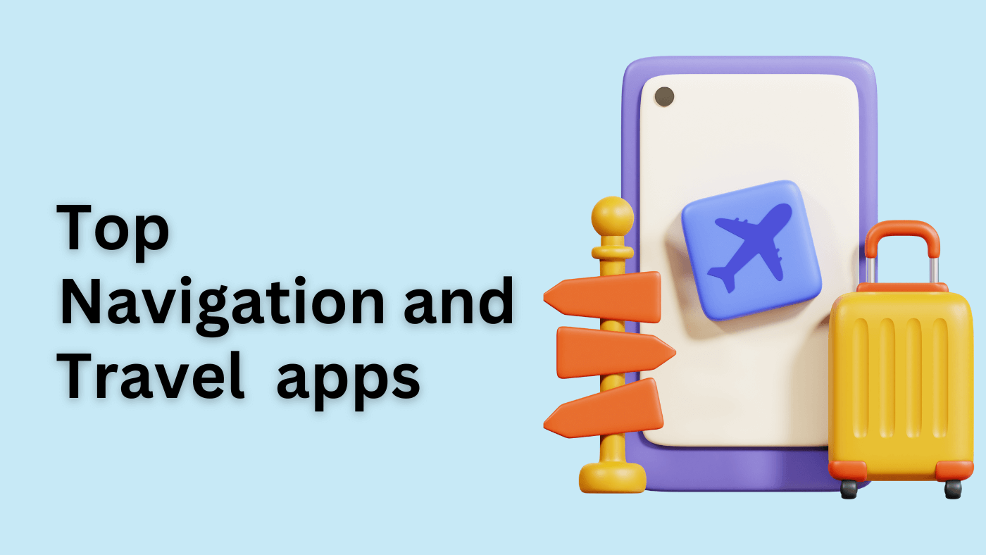 Illustration of a mobile phone showcasing travel and navigation apps,accompanied b6 a travel bag, set against a bule background and the the text appearing to the left that says 'Top Navigation and Travel apps'.