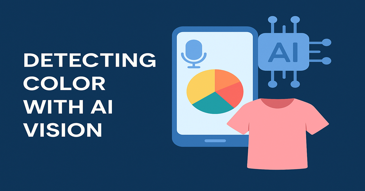 vector illustration on a dark blue background showing the words ‘Detecting Color with AI Vision’ on the left. On the right, a smartphone displays a colorful pie chart, with an AI chip icon above and a pink shirt icon below—symbolizing AI-driven color detection