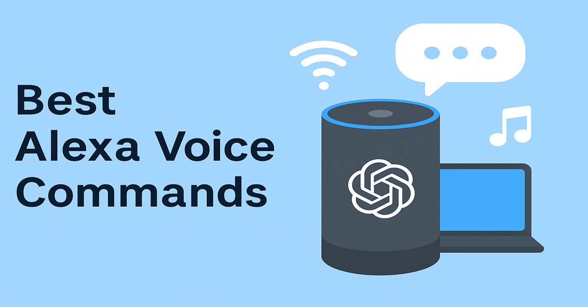 Featured image with the title ‘Best Alexa Voice Commands’ in bold black text on the left. On the right, a dark smart speaker with icons for speech, Wi-Fi, and music appears alongside a laptop. The background is a sky blue pastel color.