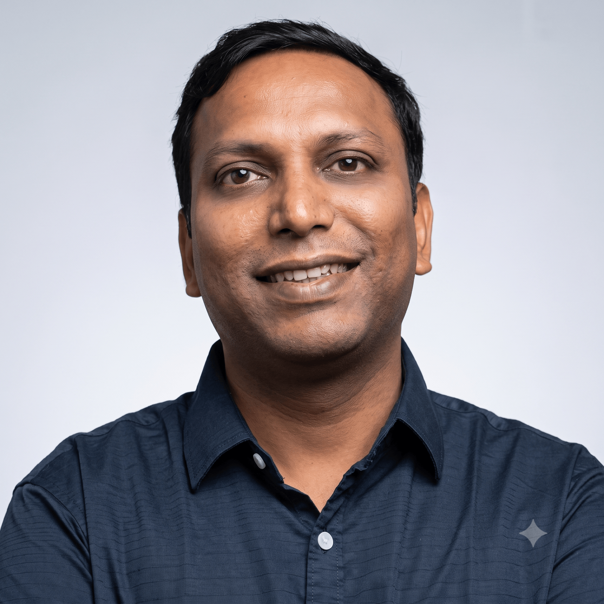 Kiran Baug smiling, dressed in a professional dark navy button-up shirt against a clean neutral studio backdrop