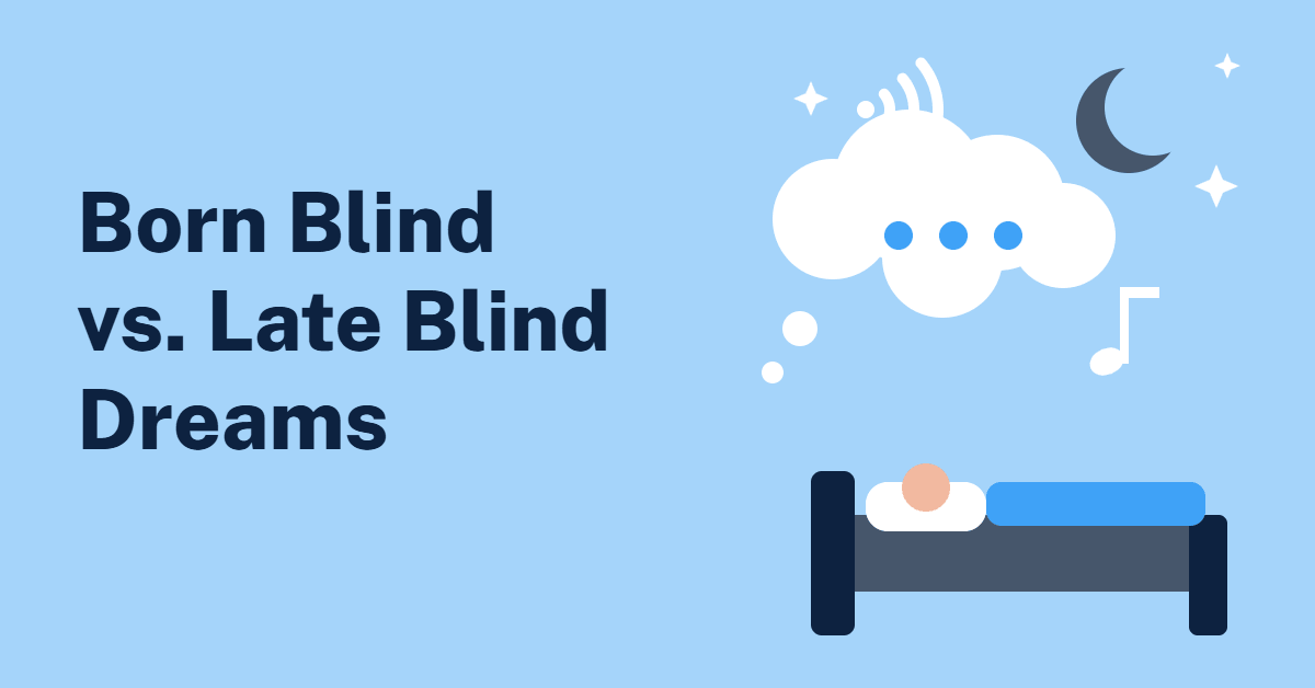 Illustration of a person sleeping in a bed with a dream cloud, sound waves, a music note, a moon and stars on a light blue background, with the text Born Blind vs. Late Blind Dreams