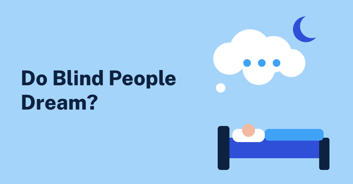 Illustration of a person sleeping in bed under a dream cloud and moon, with the text Do Blind People Dream?