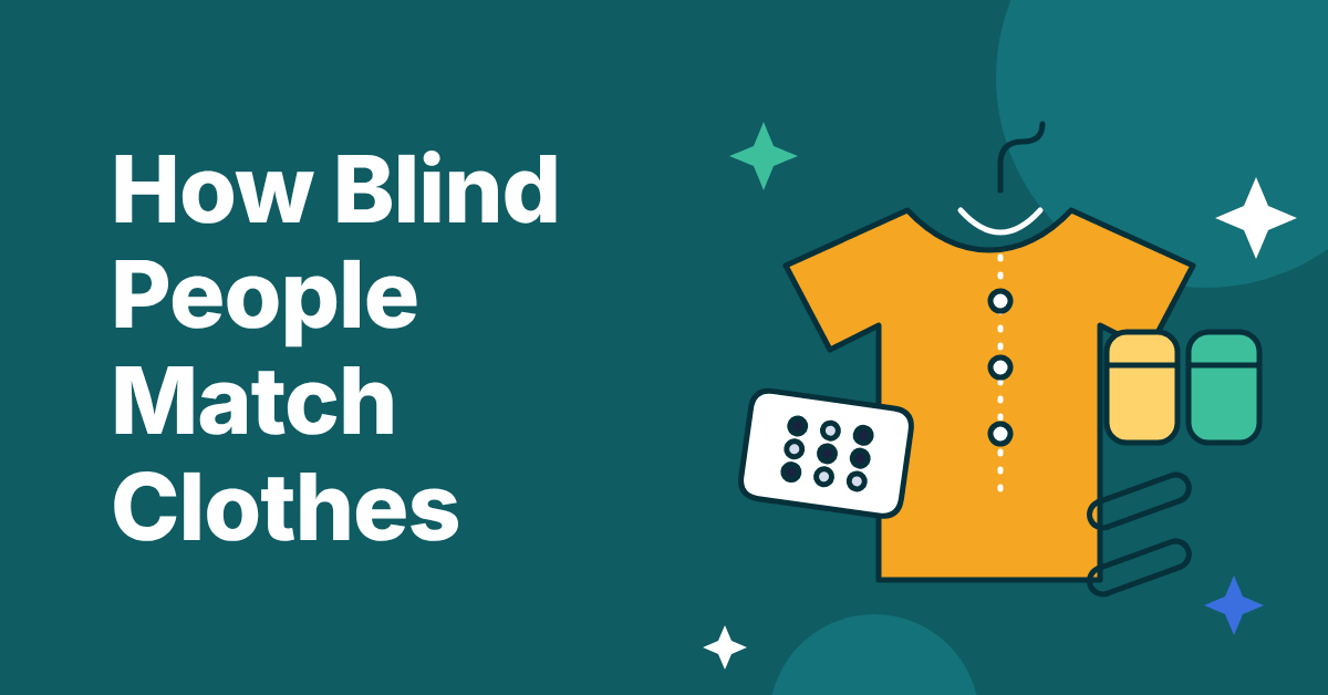 Illustration of an orange shirt on a hanger with a braille clothing tag and paired socks on a dark teal background, with the title How Blind People Match Clothes
