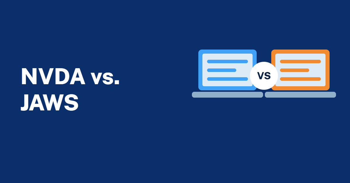 Illustration of two laptops side by side with a VS badge between them on a dark blue background, with the text NVDA vs. JAWS